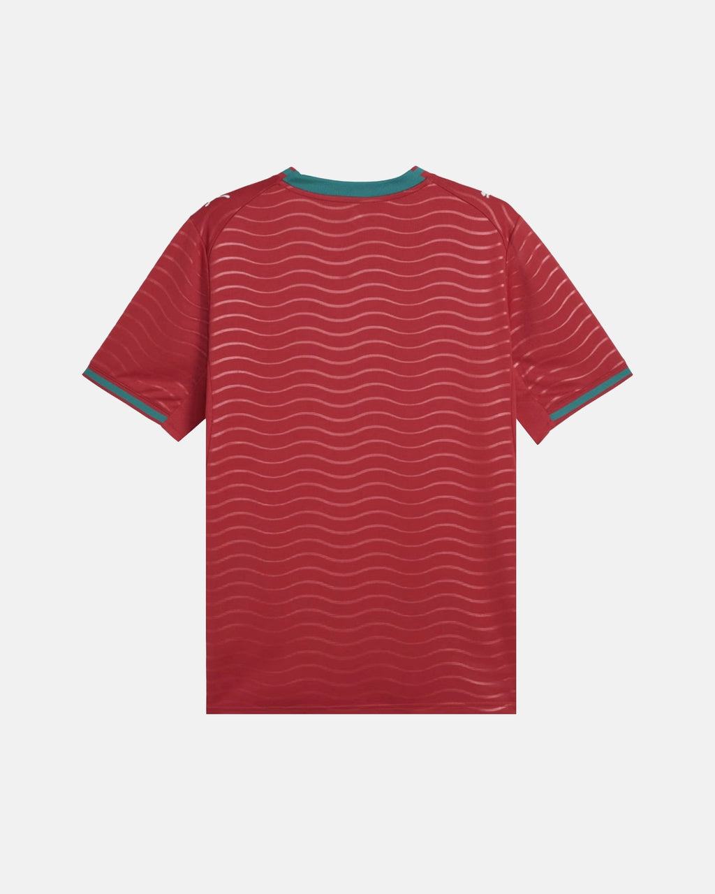 Full Back View Of The Portugal Home 2026 Jersey Revisited Base, Highlighting The Sublimated Crimson Wave Pattern and Teal Green Neck Detailing.