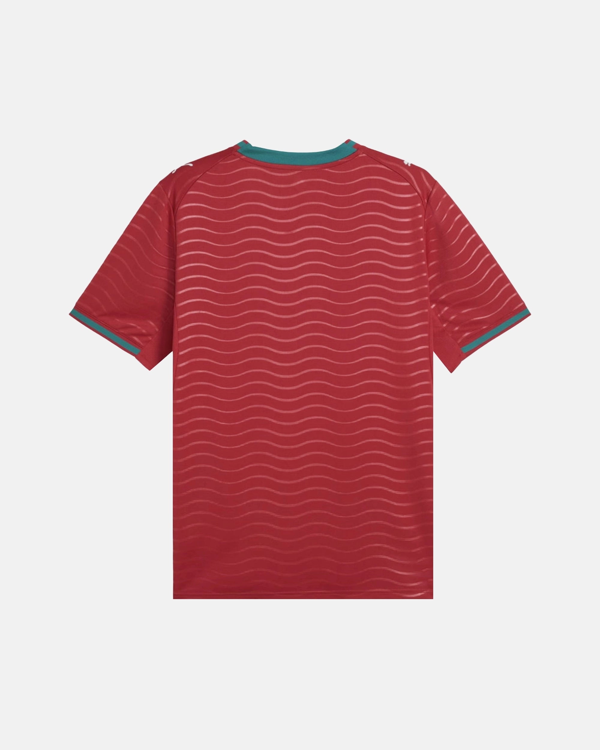 Full Back View Of The Portugal Home 2026 Jersey Revisited Base, Highlighting The Sublimated Crimson Wave Pattern and Teal Green Neck Detailing.