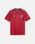 Full Front View Of The Bespoke Portugal World Cup 2026 Jersey Reimagined, Showcasing The Crimson Wave Base, Teal V-Neck, And Midnight-Blue Floral Embroidery.