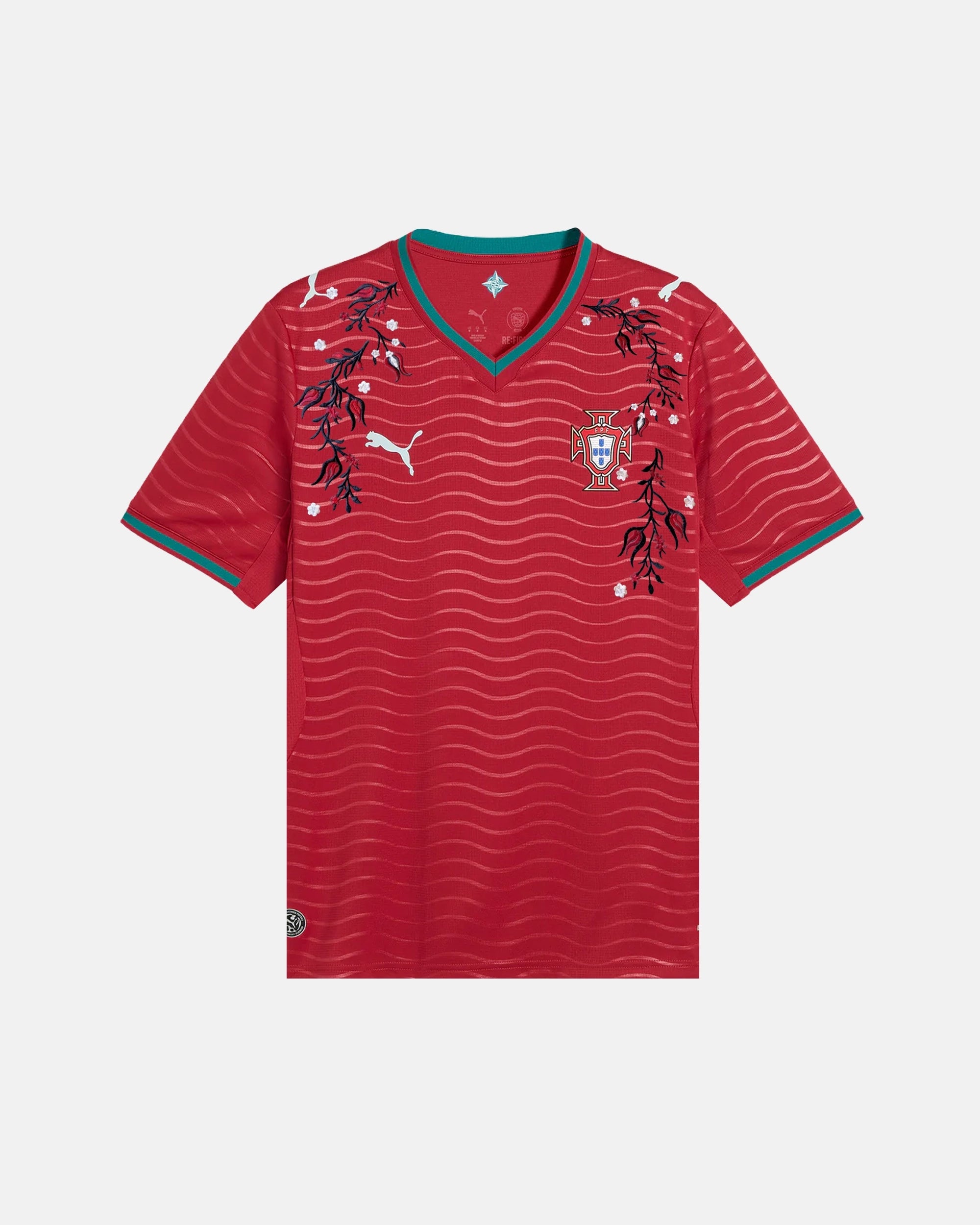 Full Front View Of The Bespoke Portugal World Cup 2026 Jersey Reimagined, Showcasing The Crimson Wave Base, Teal V-Neck, And Midnight-Blue Floral Embroidery.