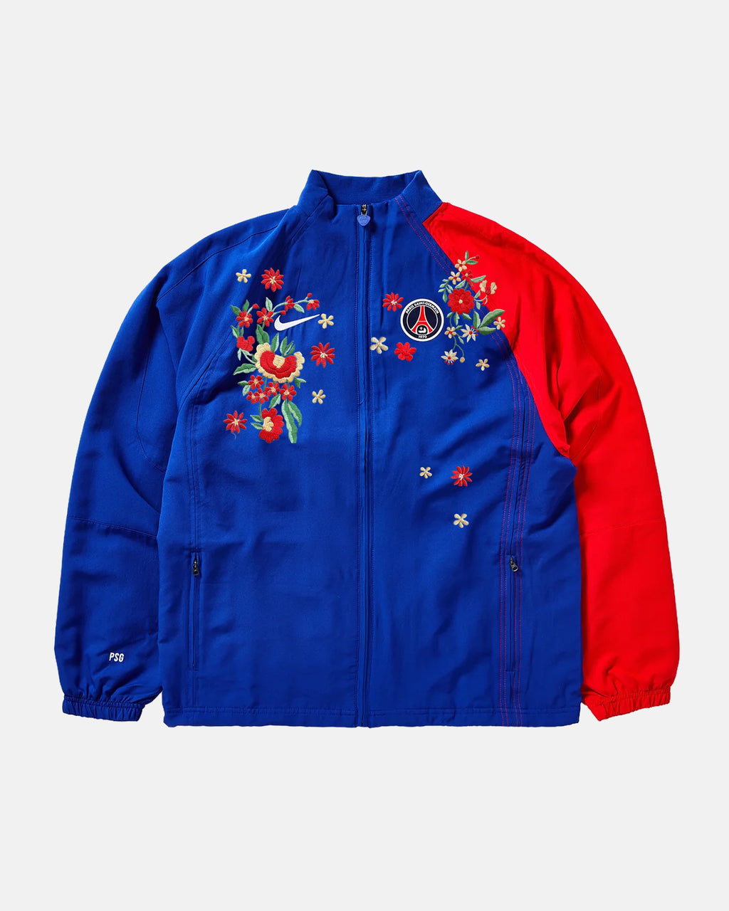 Royal blue and red PSG 2004 reissue track jacket hand-embroidered with red and cream flowers – VOLTA ‘Fleur de Paris’ Edition