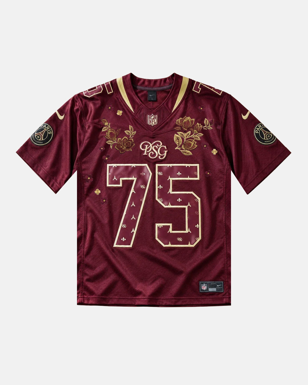 Full Front View Of The Bespoke PSG x NFL Embroidered Jersey (Burgundy Gold Edition), Showcasing The Perforated Burgundy Base, Golden Floral Embroidery, And Oversized Number 75.