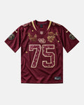 Full Front View Of The Bespoke PSG x NFL Embroidered Jersey (Burgundy Gold Edition), Showcasing The Perforated Burgundy Base, Golden Floral Embroidery, And Oversized Number 75.