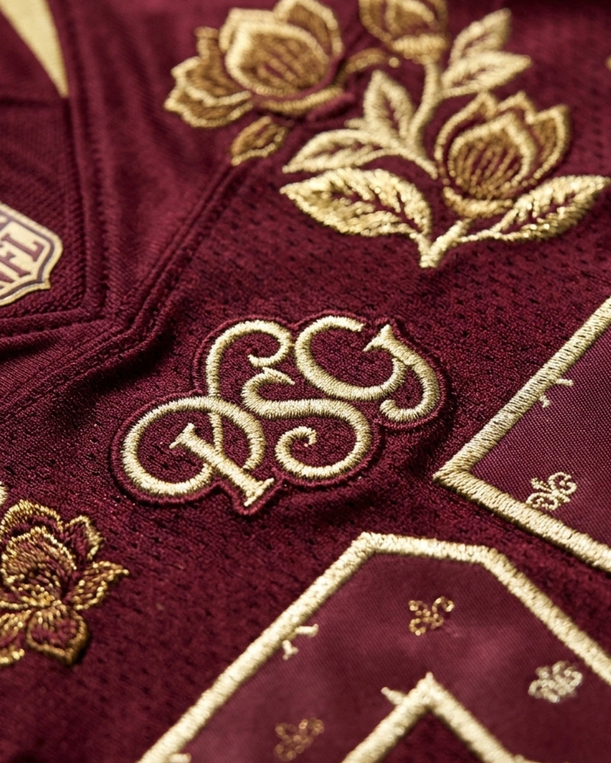 Macro Texture Shot Focusing On The Center Chest, Highlighting The High-Density Golden Thread Embroidery Of The Calligraphic PSG Logo And Accompanying Roses.