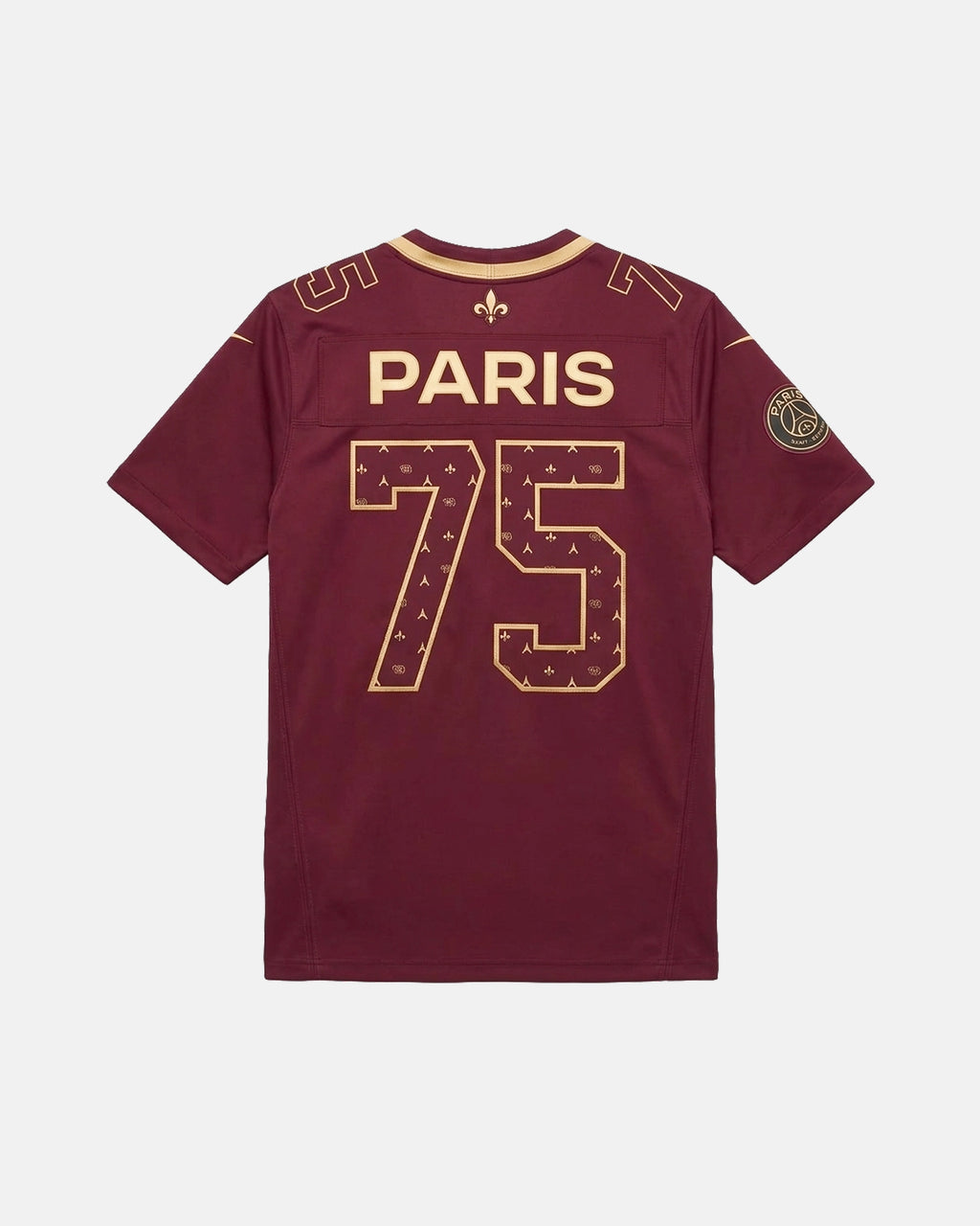 Full Back View Of The PSG x NFL Luxury Concept Jersey, Highlighting The "PARIS" Nameplate, Number 75 With Fleur-De-Lys Pattern, and Clean Burgundy Back Profile.