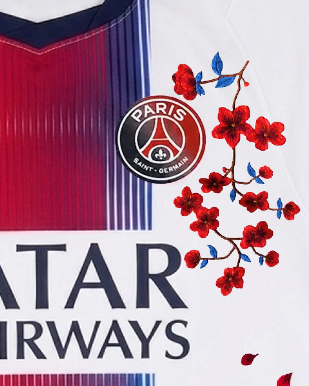 Close-up of red and navy vertical satin-stripe textile base — PSG 'Sang Bleu' Edition — VOLTA Paris