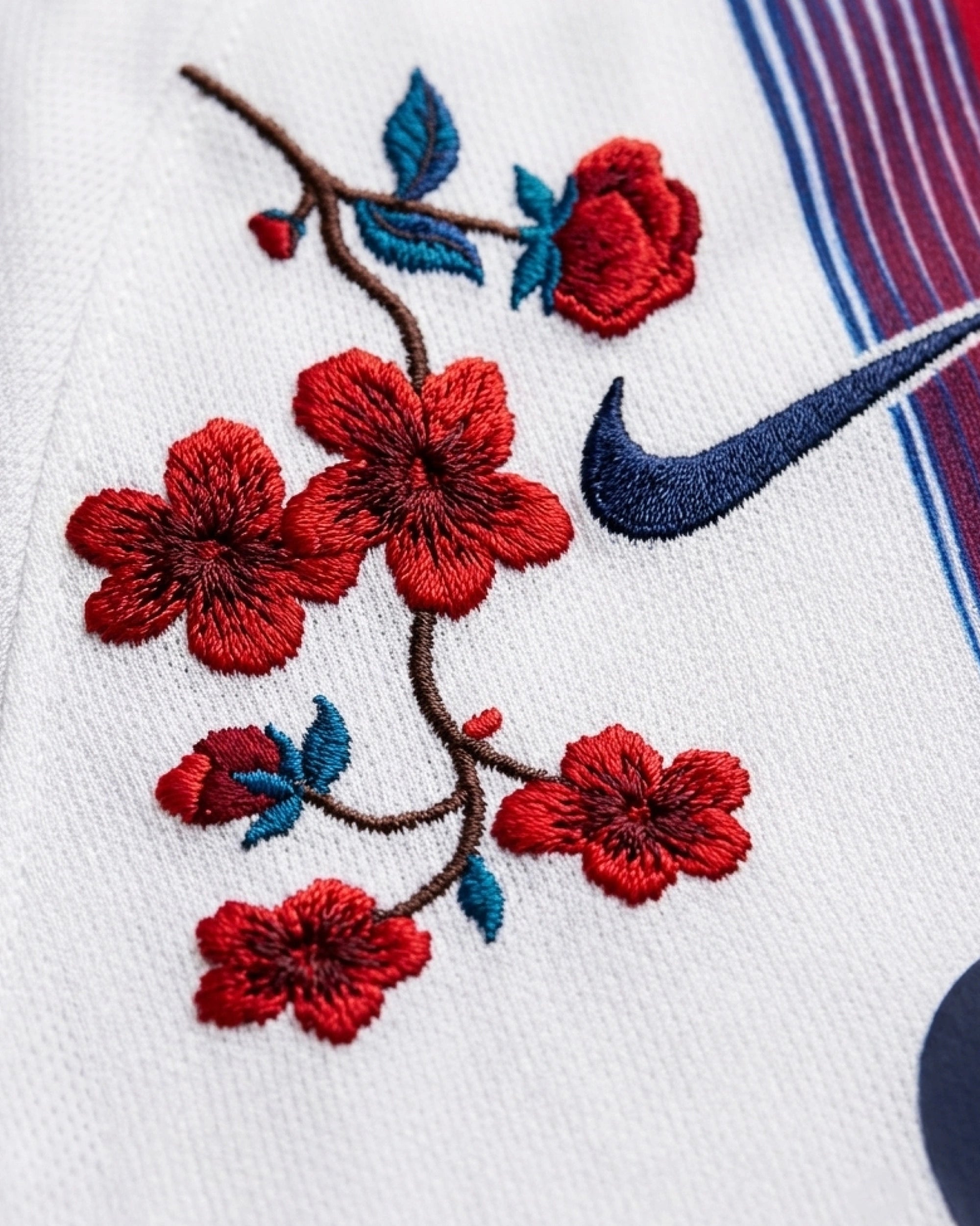 Hand-embroidered scarlet cascade branch beside PSG badge with falling petals — 'Sang Bleu' Edition — VOLTA Paris