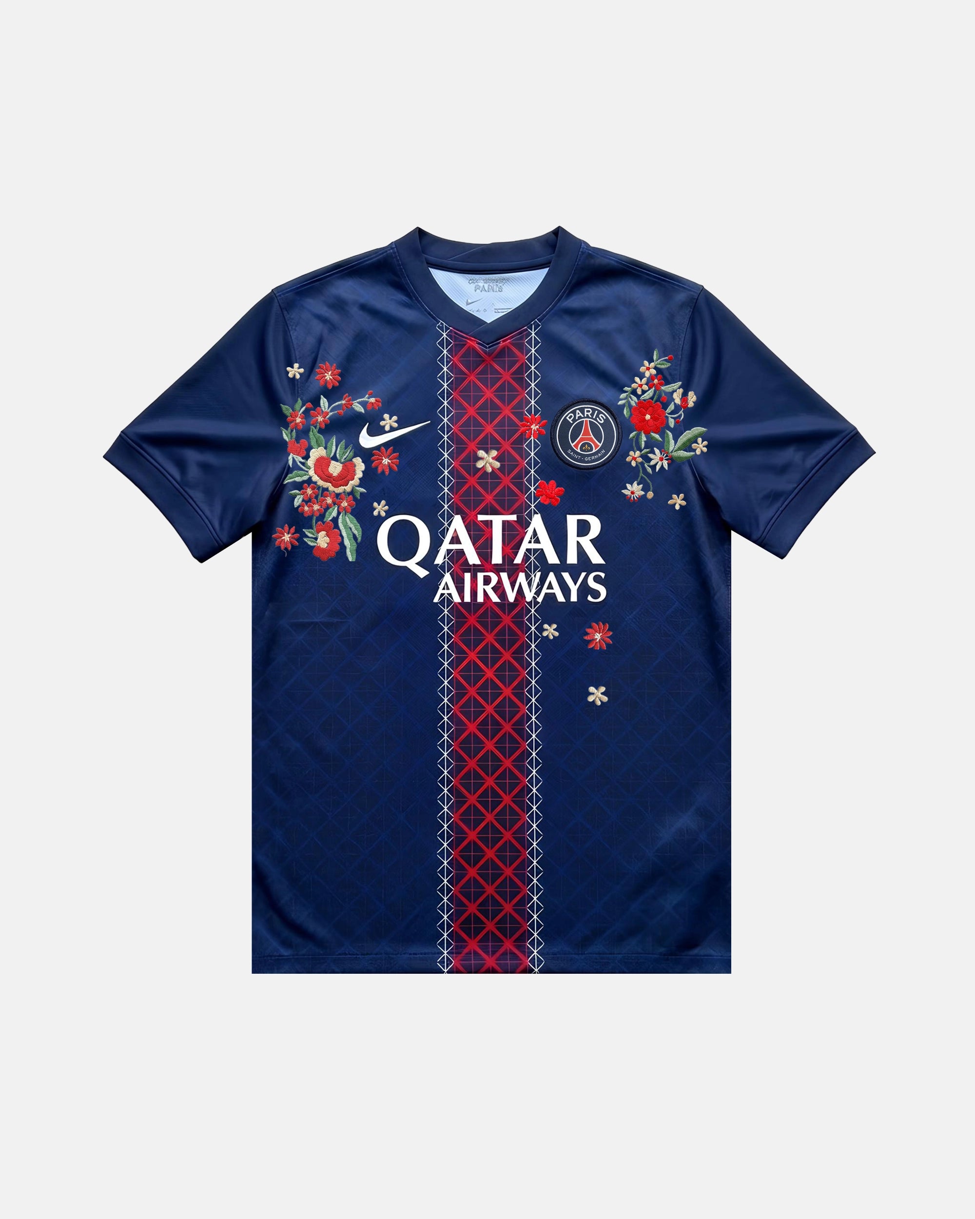 PSG hand-embroidered concept jersey front view — floral botanical art — VOLTA Parisian Street Edition