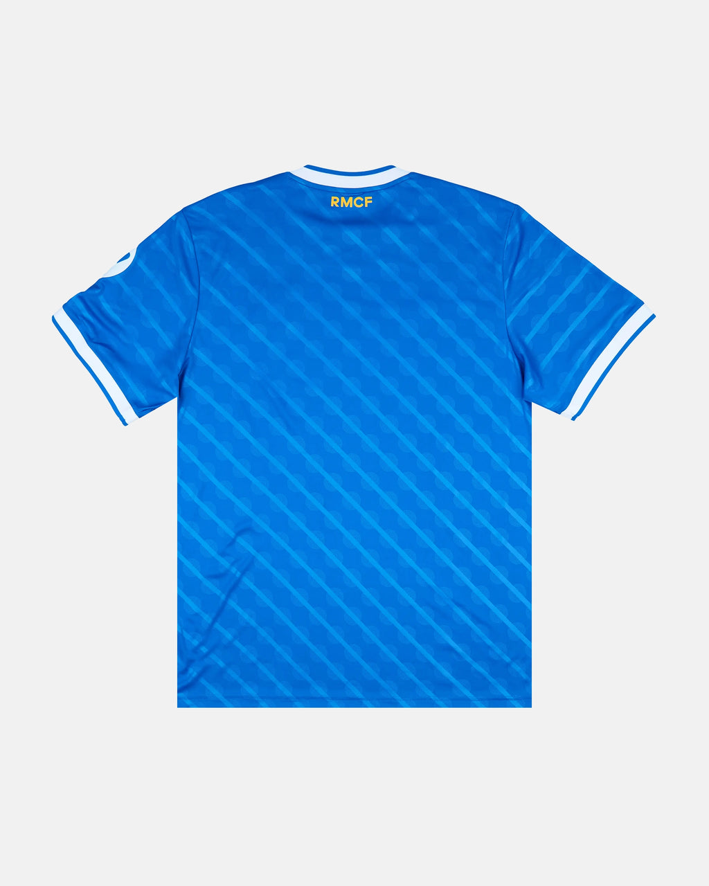 Full Back View Of The Real Madrid Concept Jersey Base, Highlighting The Sublimated Tonal Blue Diagonal Stripe Graphic Pattern and Golden RMCF Neck Logo.