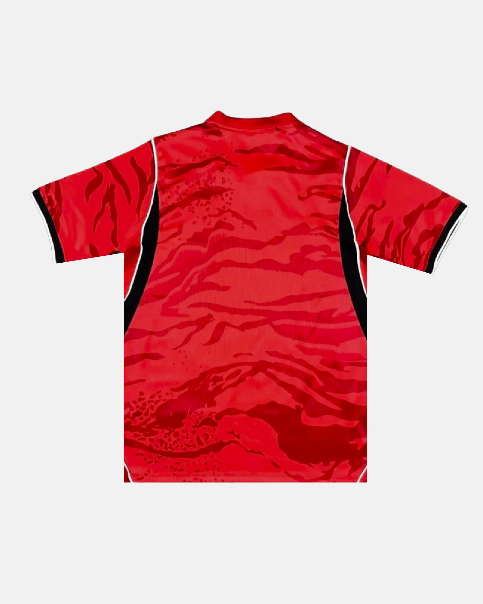 Full Back View Of The South Korea Concept Jersey Base, Highlighting The Sublimated Tonal Red Tiger Camouflage Pattern and Black Korea Neck Graphic.