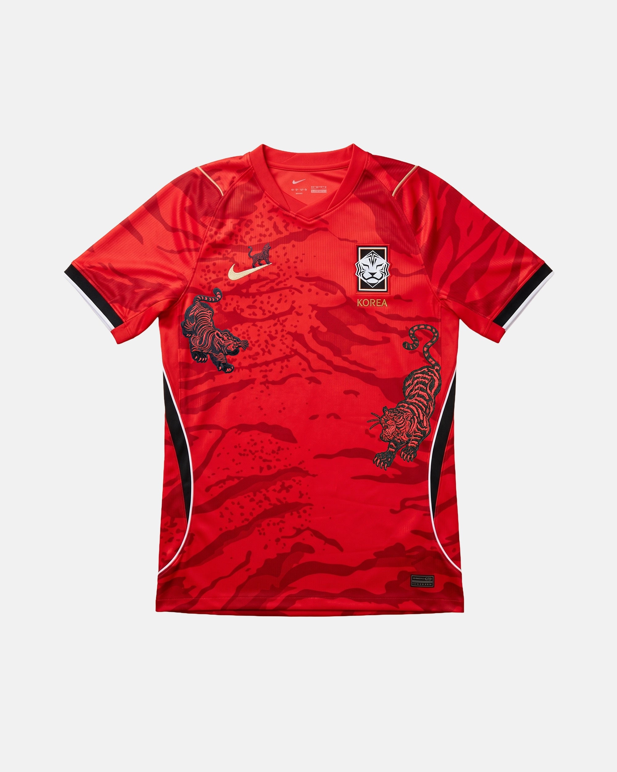 Full Front View Of The Bespoke South Korea Tiger Nation Jersey, Showcasing The Crimson Tiger-Stripe Base Decorated With Three Hand-Stitched Traditional Korean Tigers.