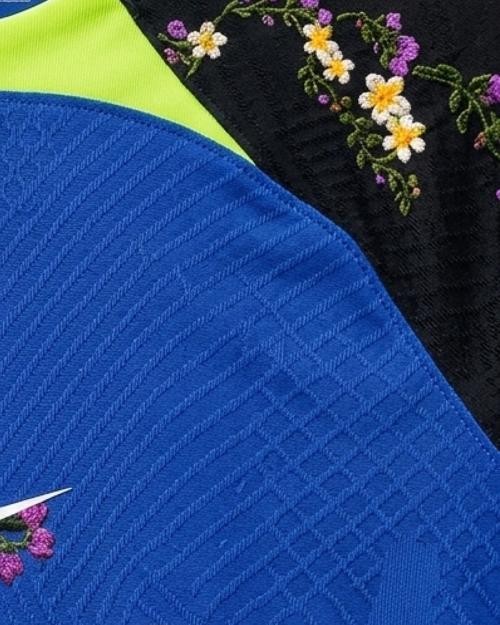 Royal blue jacquard panel with hand-embroidered floral motif detail — Tottenham 'Seven Sisters' Edition — VOLTA Paris